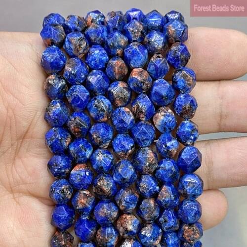 Natural Stone Beads Faceted Yellow Spot Lapis Lazuli Blue Chalcedony Loose Spacer Beads for Handmade Making Jewelry 14"Inch 8MM
