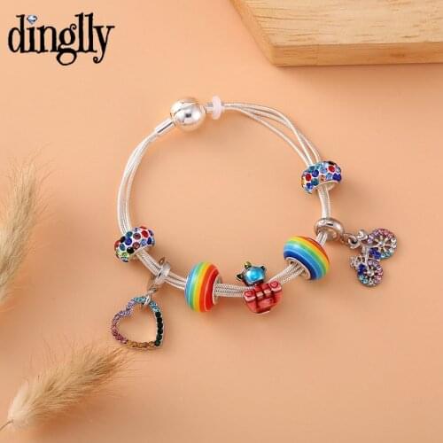 Dinglly Lovely Wing Unicorn Charm Bracelets For Women Girls Bicycle Heart Pendant Beads 3 Snake Chain Bracelet Child Jewelry