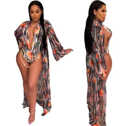 European and American Womens 2021 Swimwear Fashion Casual One-Piece Printed Cloak + Bikini Split Swimsuit