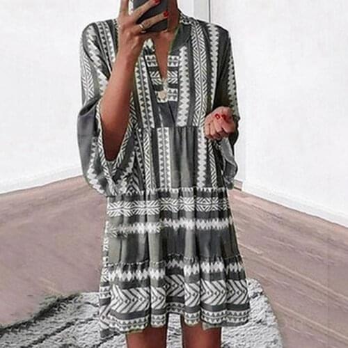 2021Summer Fashion V Neck Mini Dress Three Quarter Sleeve Flare Sleeve Striped Print Casual Skin-Friendly Ruffle Dress for Party
