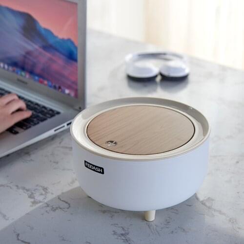 Fashion High Foot Imitation Wood Grain Dustbin Round Desktop With Cover Press Trash Can Living Room Toilet Kitchen Nordic Style
