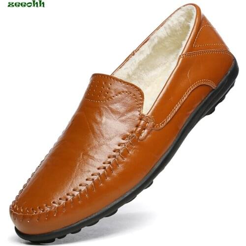 Men Big 47 Autumn & Winter Warm fur Plush Cow split leather Moccasin Loafers Slip On Boat Flat Male Footwear Wedding Dress shoes