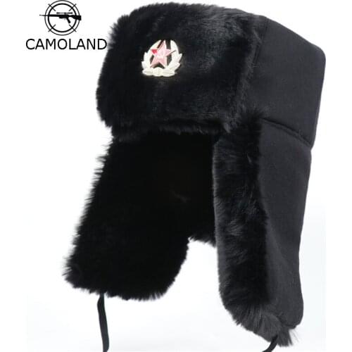 CAMOLAND Soviet Army Military Badge Bomber Hats Women Men Thermal Faux Fur Winter Hat Male Russia Ushanka Earflap Caps