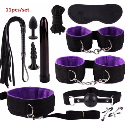 Sex Bondage Kit Adult Games Set Sex Handcuffs Footcuff Whip Nipple Clip Blindfold Bullet Vibrator Erotic Sex Toys for Couples