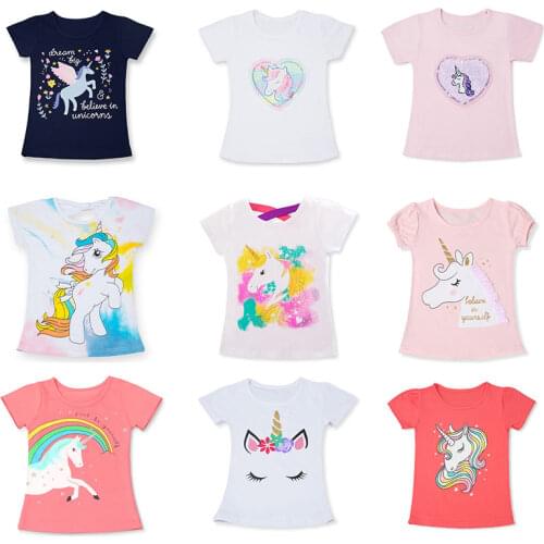 New Children Clothes Kids Birthday Wear Girls Animal Unicornio Cartoon Print Tee Top T-Shirt for For 3 4 5 6 7 8 Years Girls