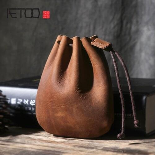 Original Handmade Crazy Horse Leather Small Unisex Coin Purse Cow Leather Coins Money Pocket Retro Wallet Drawstring Storage Bag