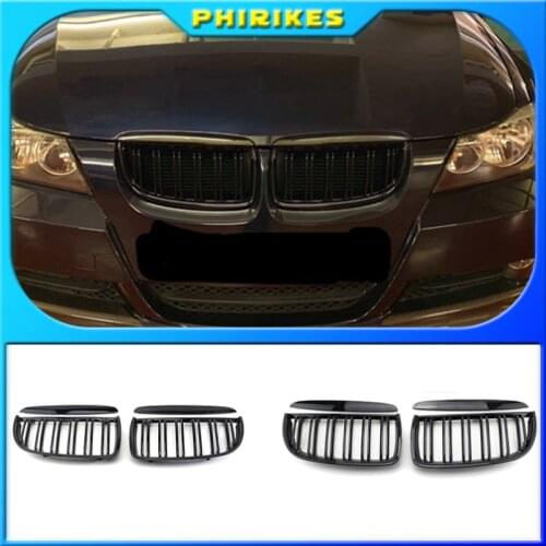 Front Kidney Grille Hood Grills -Double Line for BMW E90 323I 328I 335I 330I 325I 3-Series 2005-2008 (Gloss Black)