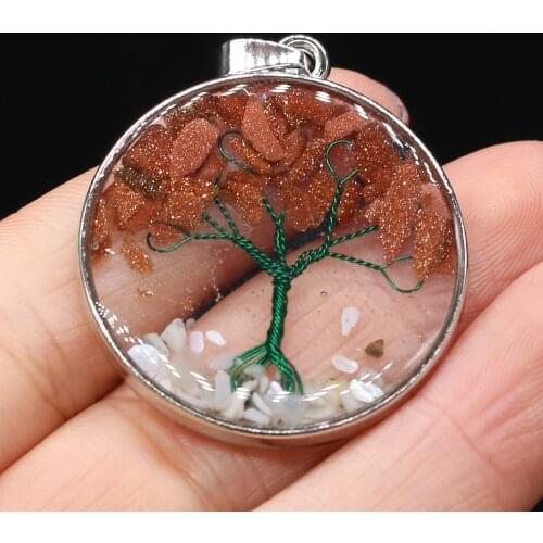 Natural Gem Pendant Gold Sand Round tree of Life Pendant for Fashion Jewelry Making DIY Necklace Gift