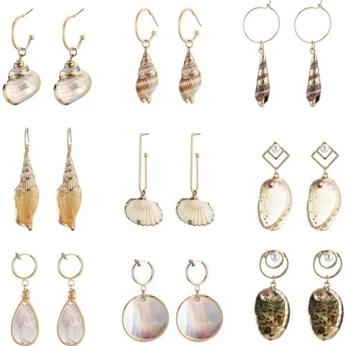Natural Shell Drop Earrings Fashion Round Metal Geometric Earrings For Women Gilrs Ladies Boho Beach Conch Statement Jewelry