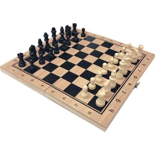 Folding Wooden Chess Board and Two Type Draughts Round Pieces Set Board Game