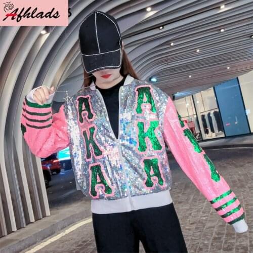 2020 Spring And Autumn Letter Print Jacket Women Hip Hop Party Coat Letters Long Sleeve Sequins Patchwork Women Jacket Outerwear