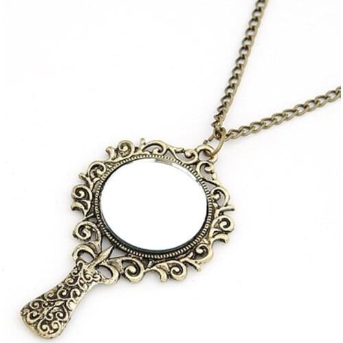 Women Fashion Personality Retro Mirror Pendant Necklace Long Chain Bronze Necklaces