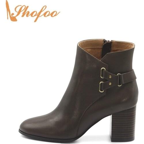 Chocolate Ankle Boots High Chunky Heels Woman Round Toe Booties Zipper Large Size 14 16 Ladies Fashion Mature Sexy Shoes Shofoo