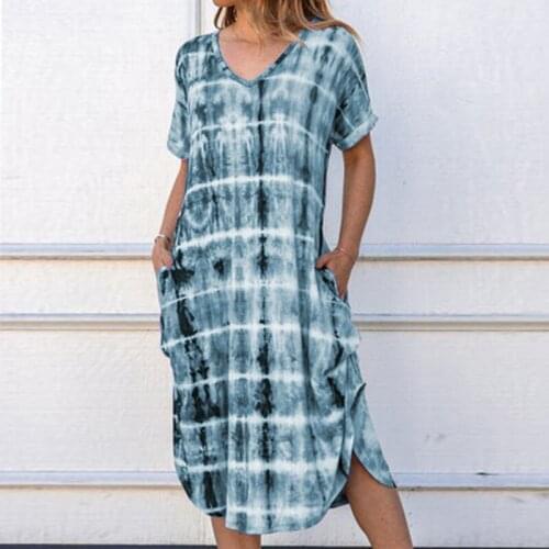 Women Tie-dye Print Mid Dresses Summer Casual Short Sleeve Loose Dresses Ladies V-Neck Side Splited Pockets Dress Vestidos