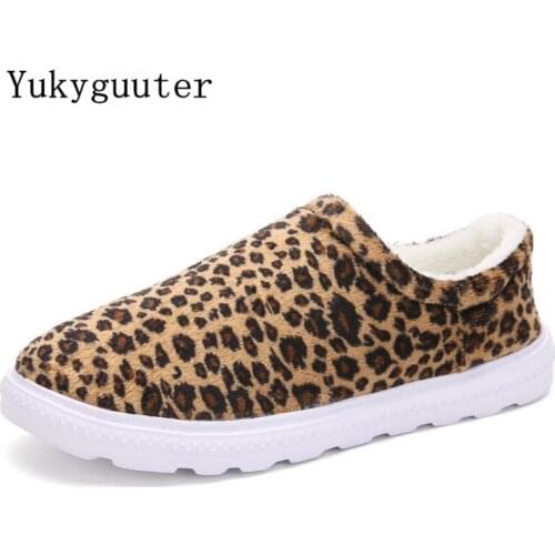 Woman Snow Boots Winter Warm Leopard Sports Running Shoes Flats Couple Shoes Lightweight Athletic Sneakers Slip On Walking