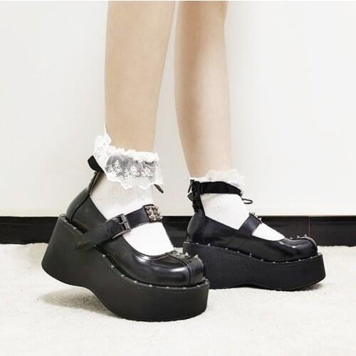 Womens Lolita Metal Buckle Round Toe Rivet Belt Gothic Punk Pumps Shoes Creepers Japanese Harajuku Platform Real Leather New