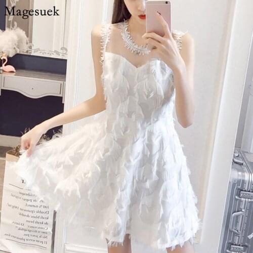 Sexy Spaghetti Strap White Dress Women 2021 A-line Party Summer Dresses Woman Feather Tassel Embroidery Lace Mini Dress 13718