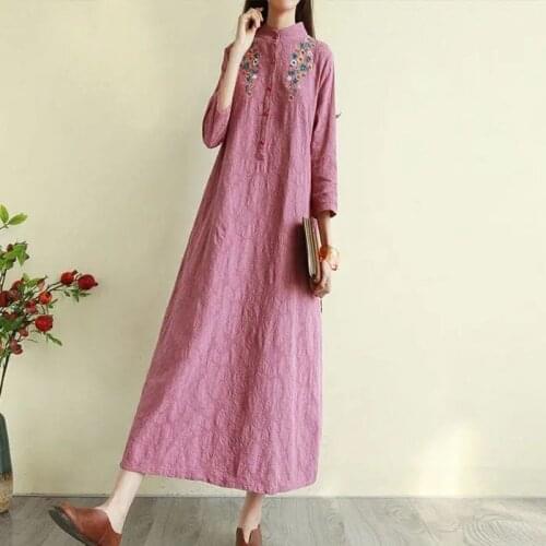 Retro Literary Dress Women 2021Spring And Summer New Solid Color Dresses Long Over The Knee Embroidery Long Vestidos Female L287