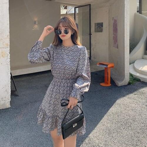 2021 Autumn new Han gentle sweet slim fit retro womens round neck long sleeve Floral Chiffon waist dress