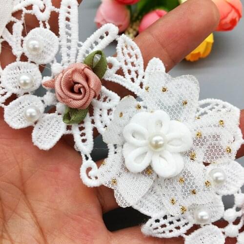 10x Vintage Flower Beaded Pearl Lace Trim Ribbon African Beaded Wedding Dress Embroidered Applique Sewing Craft 4.5CM Width
