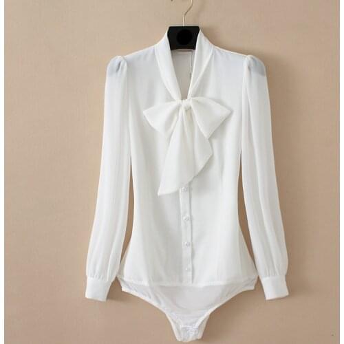 2021 Elegant Chiffon Bodysuit Women Lantern Long Sleeve Bow Tie Neck Office Work Lady Tops and Blouses Female Formal Body Shirt