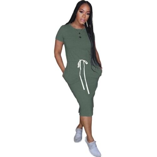 2021 Summer Plus Size Casual Womens Streetwear Short-sleeved Pocket Drawstring Tight Dress Mid-length Casual Party Dress New