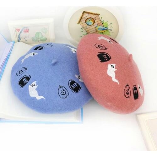 2020new European popular pumpkin ghost embroidery autumn winter wool womens Beret Halloween painter hat fashion embroideryBeret