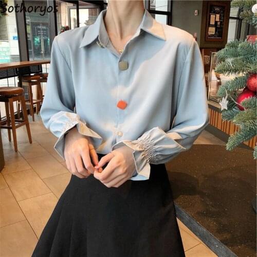 Blouses Women Flare Sleeve Korean Fashion Clothing Daily Style Chic Solid Chiffon Simple Loose Retro Shirts Streetwear All-match