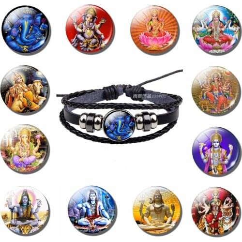 Elephant God Ganesh Hinduism Lucky Black Button Bracelet Braided Leather Bracelet Charm Jewelry for Men Women Religion Gift