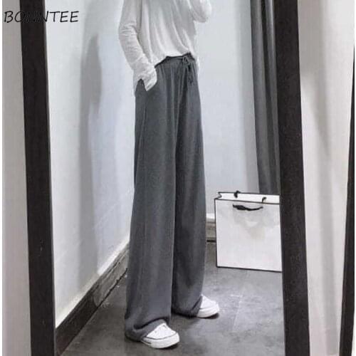 Wide Leg Pants Women Spring Retro Loose Drawstring Female Knitted Popular Korean Style Solid Long Length Simple All-match Ins