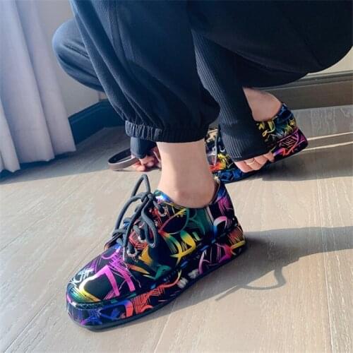 PXELENA Designer Graffiti Oxfords Women Lace Up Square Toe Creepers Women Flat Platform Shoes Daily Comfort Casual Footwear Lady