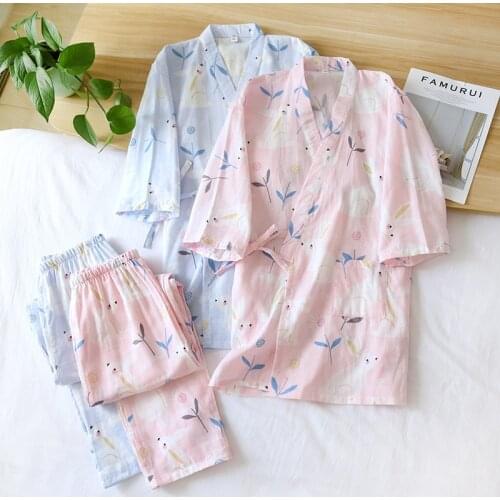 Cotton Gauze Rabbit Kimono Suit Pajamas Womens Summer Spring and Autumn New Japanese Three-quarter Sleeve Sleep Pijama Mujer