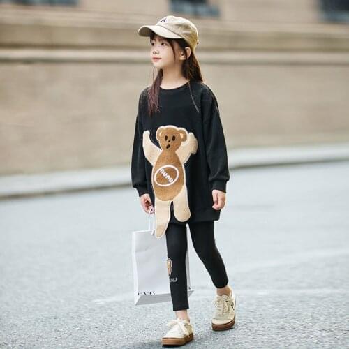 2021 Autumn Girls Cartoon Bear Tops Clothes Set 8 10 years Fashion 2 pieces Leggings Spring Fall Teen Girls Suits