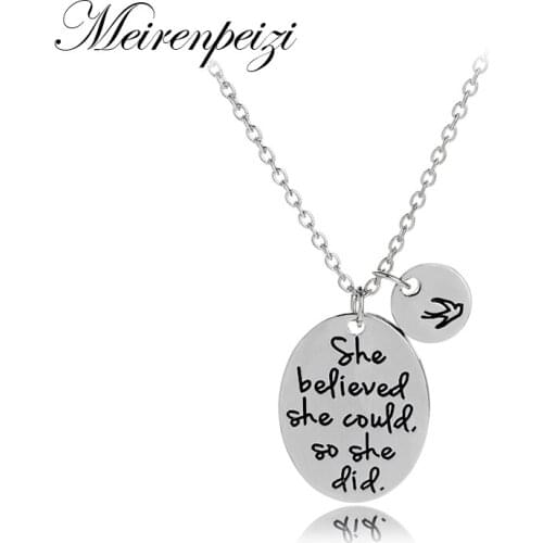 Hand stamped "she believed she could so she did" Disc Swallow Pendant Necklace For Women Best Friends Inspirational Jewelry