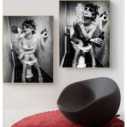Fashion Toilet Girl Smoking Drink Wall Art Canvas Painting Nordic Posters And Prints Wall Pictures For Restroom Bar Toilet Decor