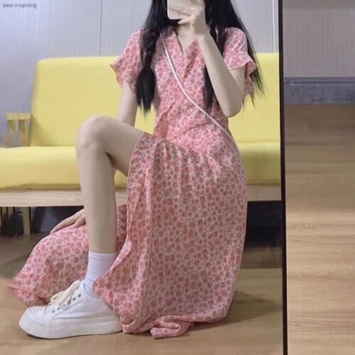 2021 Summer New Pink Fairy Skirt Temperament Gentle and Sweet Floral Skirt Dress First Love Girly Feeling Fresh Long and Thin