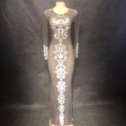 New Women Long Evening Party Rhinestones Dresses Black Mesh Perspective Stones Birthday Celebrate Costume Crystals Dress