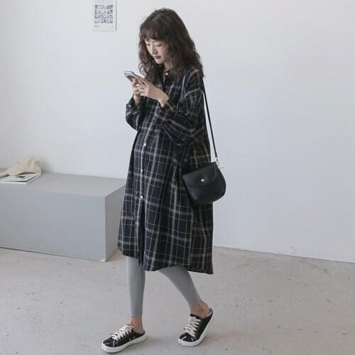 Autumn Maternity Plaid Dresses Pregnancy Elegant Dress Long Sleeve Pregnant Women Shirt Loose Fashion Long Blouse Clothing Top