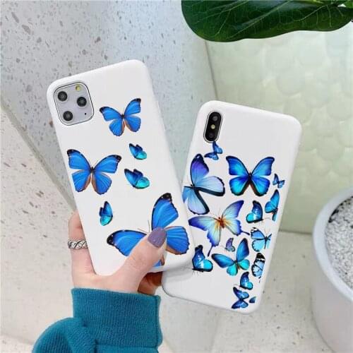 Luxury Blue Butterfly TPU Soft Phone Case for iPhone 12pro 11Pro Max SE2020 12mini 6S 7 8 Plus X XR XS Max 11 Candy white cover