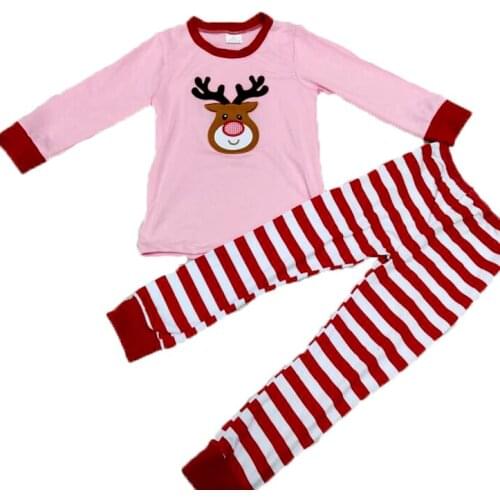 Pink girl christmas pajamas 100%cotton reindeer outfit with stripes