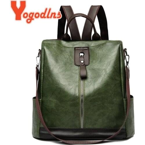 Yogodlns Vintage PU Leather Backpack Women Big Capacity Travel Backpack Teenager School Bag Female Business Knapsack Luxury Bag