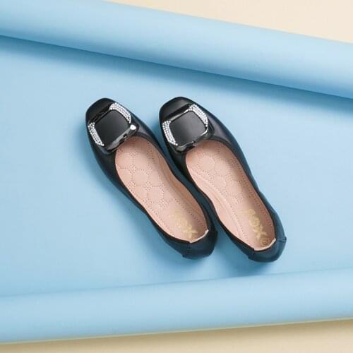 2021 Autumn Women Soft ballet Flat Shoes PU Leather Rhinestone Square Buckle Womens Foldable Loafers Woman Green Shoes