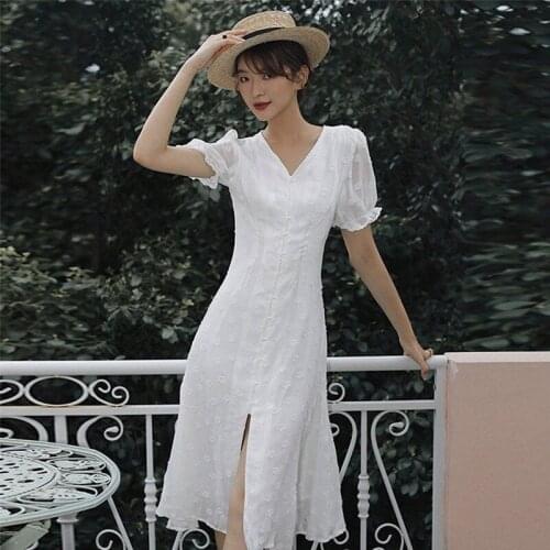 Retro Puff Sleeve White Dress 2021 New Summer New Womens Sexy V-neck Split Long Chic Dress Korean Party Vestidos
