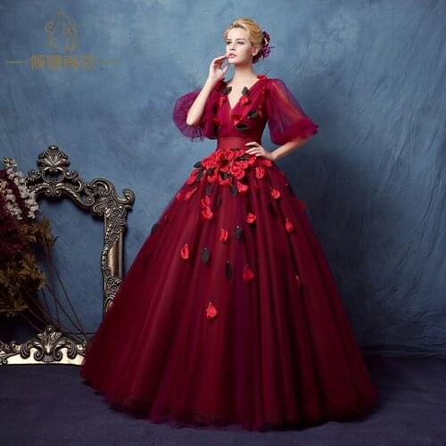 Lantern sleeve wine red petals crystal beading veil court ball gown medieval dress Renaissance Victoria/Antoinette/ Belle Ball