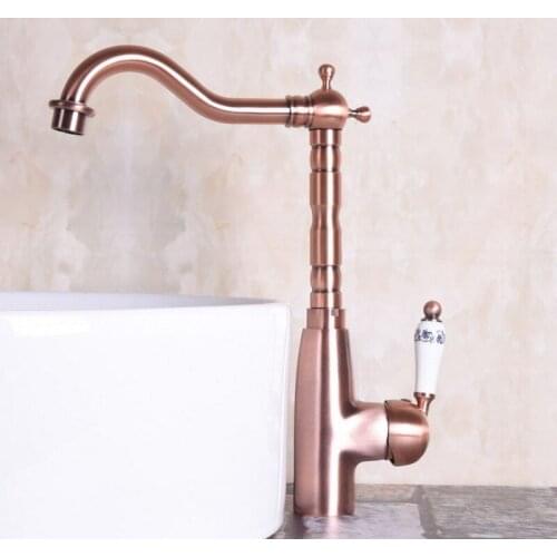 Vintage Red Copper Antique Brass Single Handle Swivel Spout Bathroom Basin Kitchen Sink Faucet Cold & Hot Mixer Tap anf132