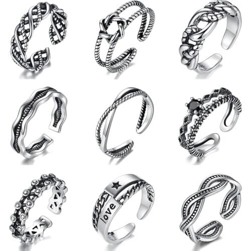 Vintage Luxury Thai Silver Color Adjustable Chunky Big Rings For Men Women Black Boho Letter Flower Star Jewelry S-R2195