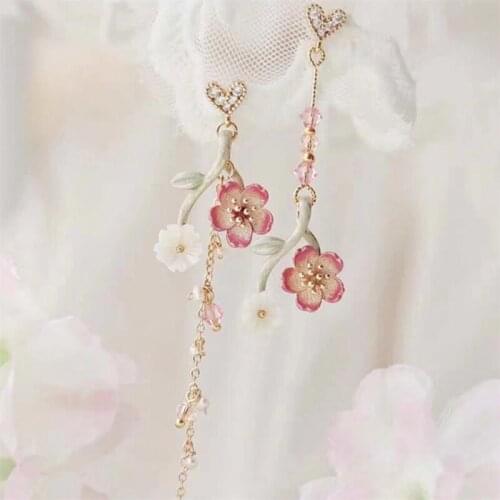 Japan Korean Sweet Pink Flower Long Tassel Earrings Vintage Asymmetrical Branch Love Rhinestone Earrings Brincos mujer Jewelry