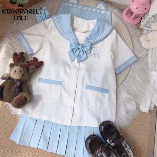 Japanese JK Uniform Suit Cute Girls Teens School Clothes Loose Sailor Collar Top Skirt Bow Set Pink Blue TR Fabric Summer Women