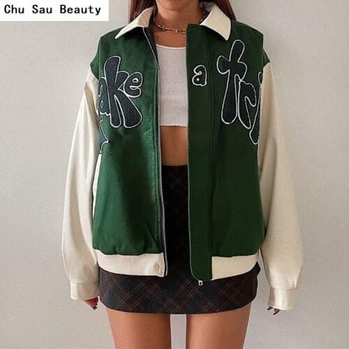 2021 Autumn Womens Green Stitching Plant Velvet Embroidery Baseball Uniform Fashion Retro Lapel Long Sleeve Zipper Jacket