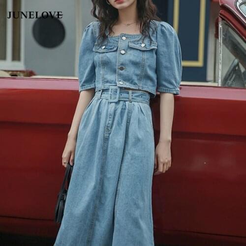 Women Denim Midi Skirts Summer Blue VIntage Denim Tops Midi Pleated Skirt 2Pcs Women Clothes Sets Female Streetwear Mujer Faldas